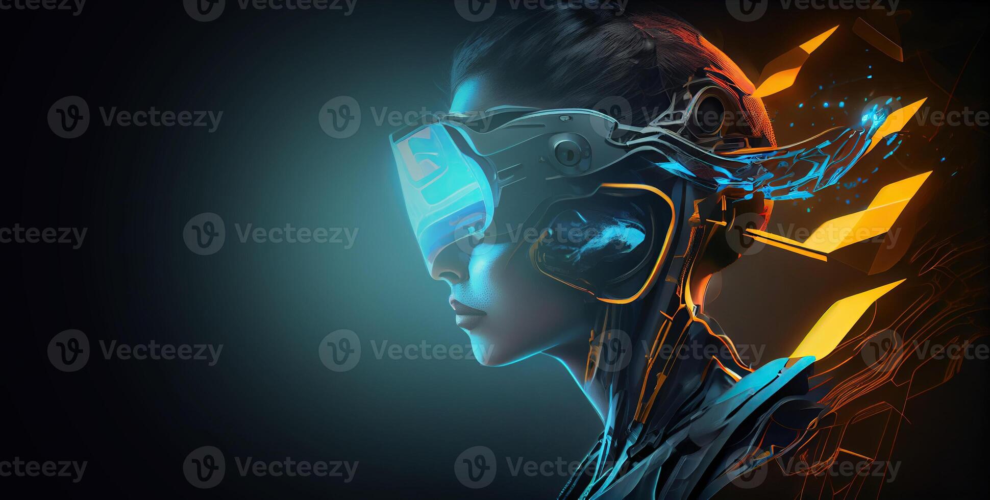 illustration of Metaverse concept and virtual world elements. Side view of human face in augmented or virtual reality headset inside the metaverse photo