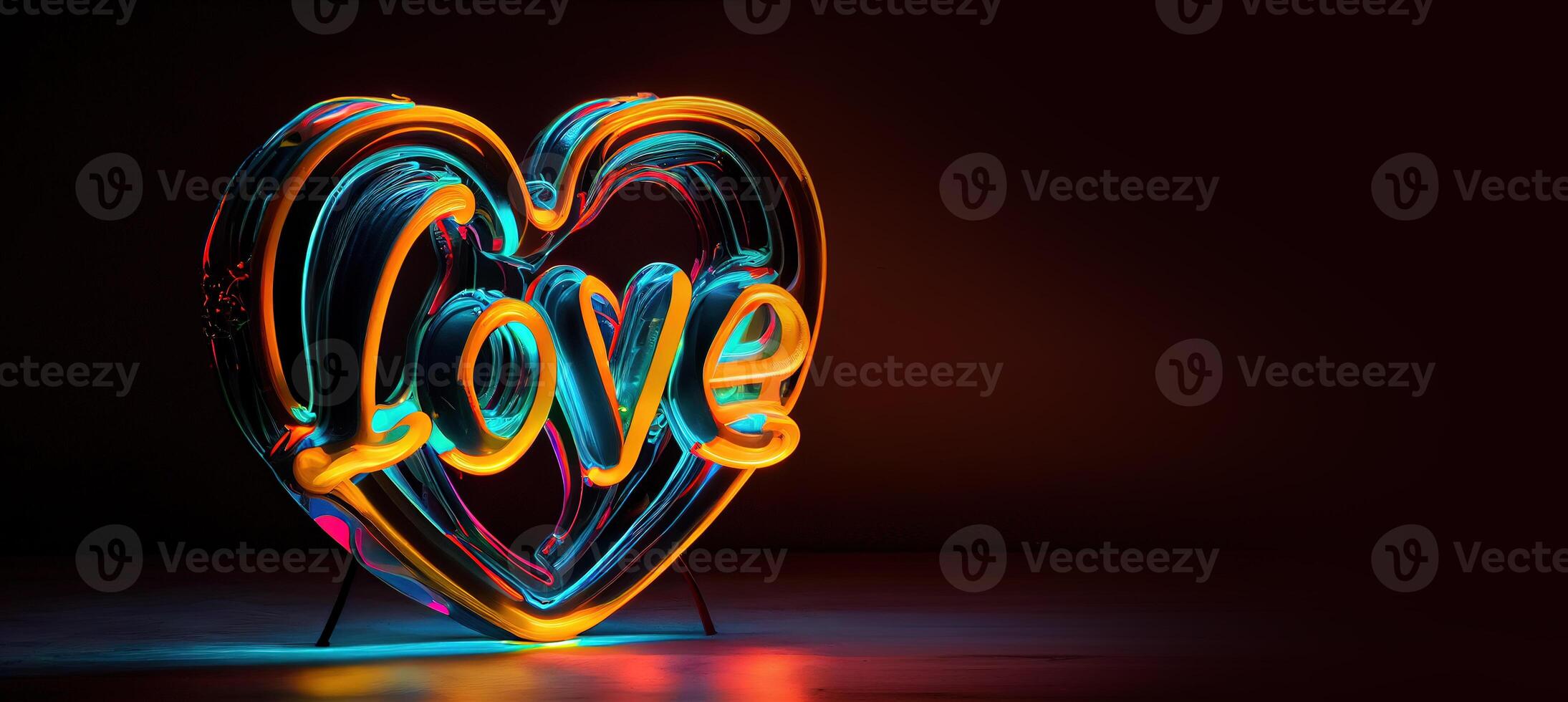 illustration of love heart neon light, decor, bright light, romantic. Love and valentine day concept. Neural network generated art. Digitally generated image. photo