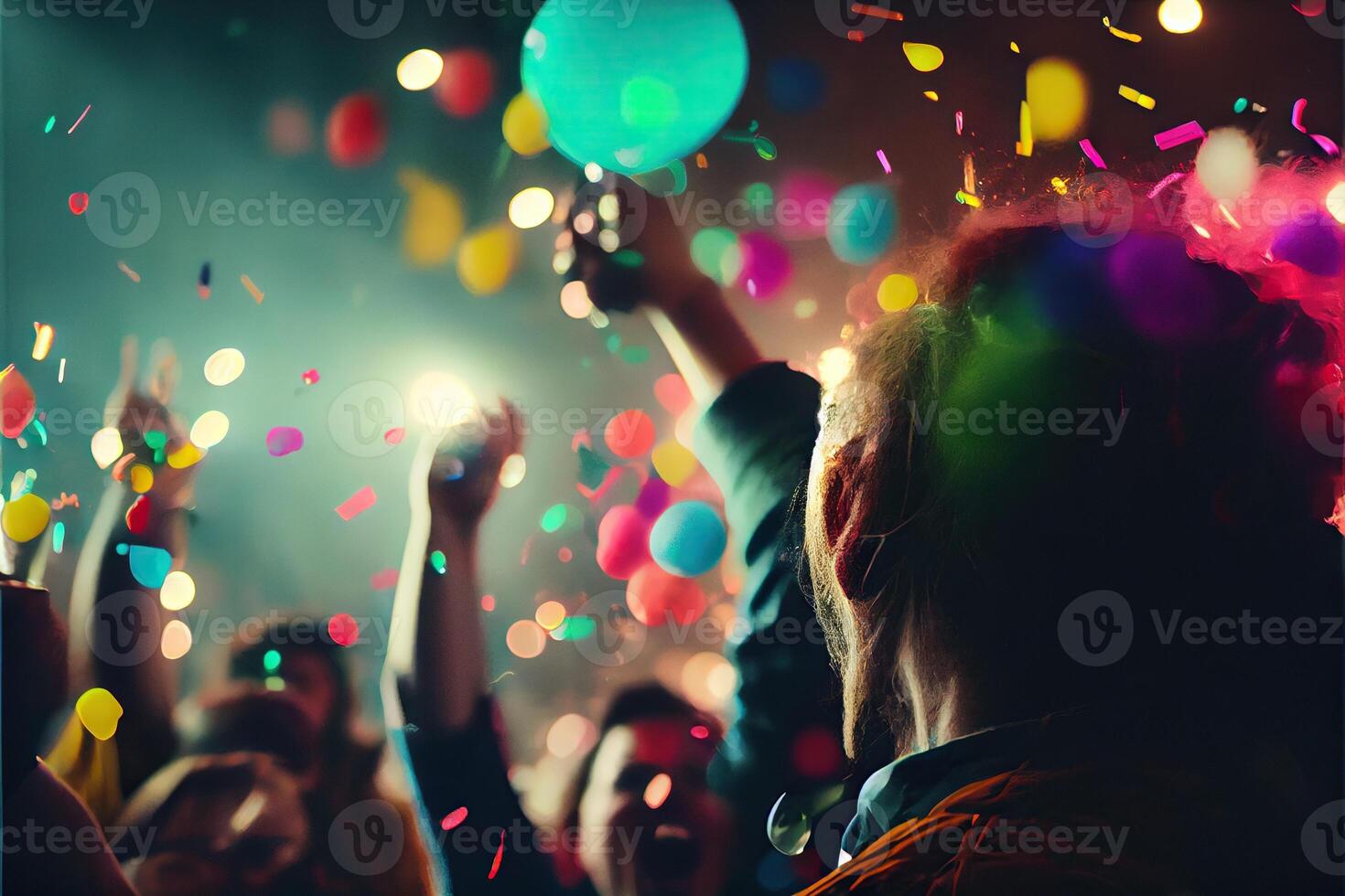 illustration of New Year's Eve party background, pop color, group of people dancing and joyful, countdown, neural network generated art. Digitally painting, generated image. photo