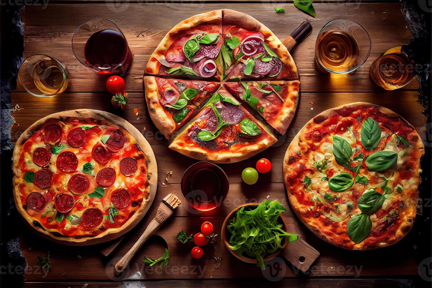 illustration of pizza party dinner. Flat-lay of various kinds of Italian pizza, salad and red wine in glasses over rustic wooden table, top view, wide composition photo