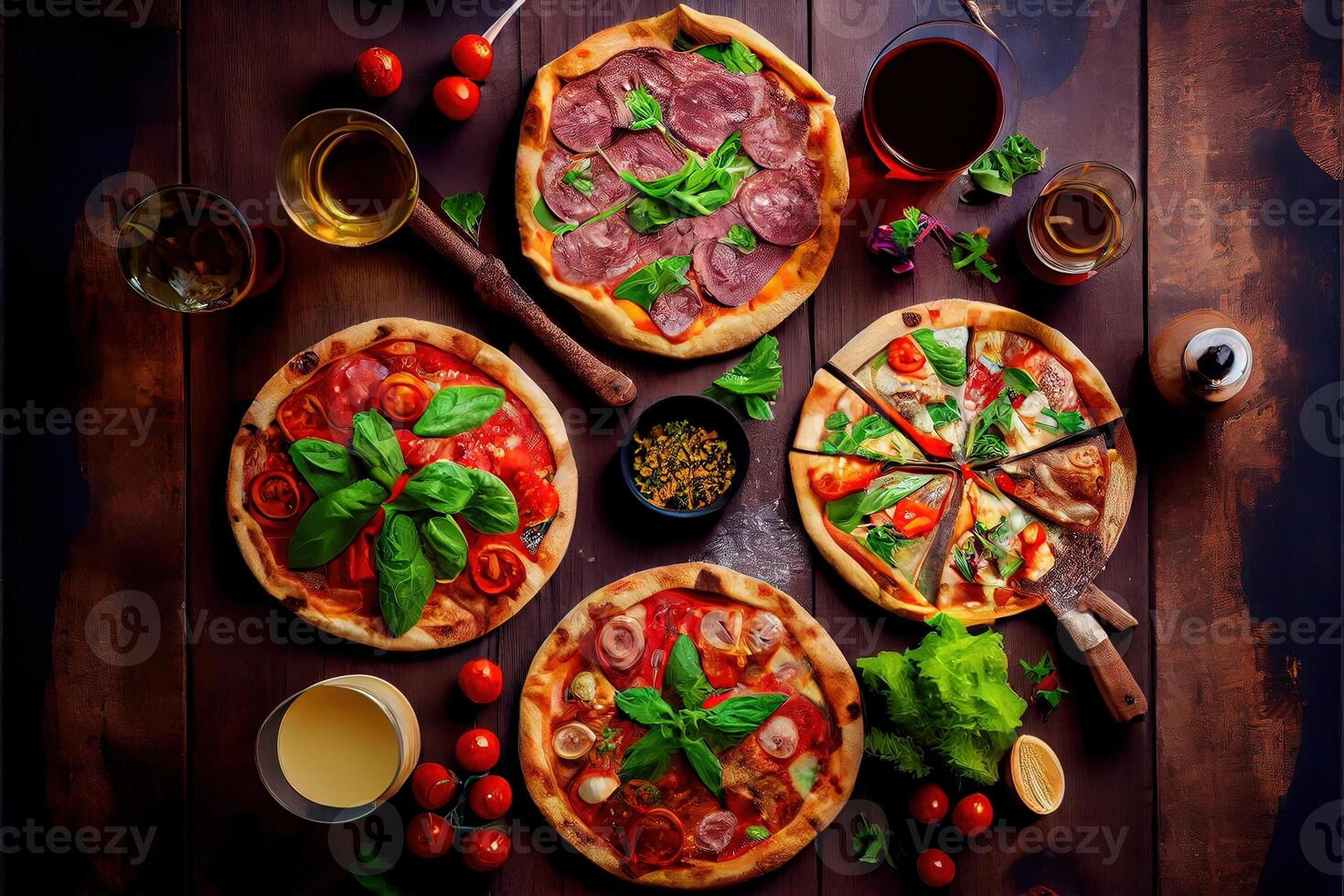 illustration of pizza party dinner. Flat-lay of various kinds of Italian pizza, salad and red wine in glasses over rustic wooden table, top view, wide composition photo