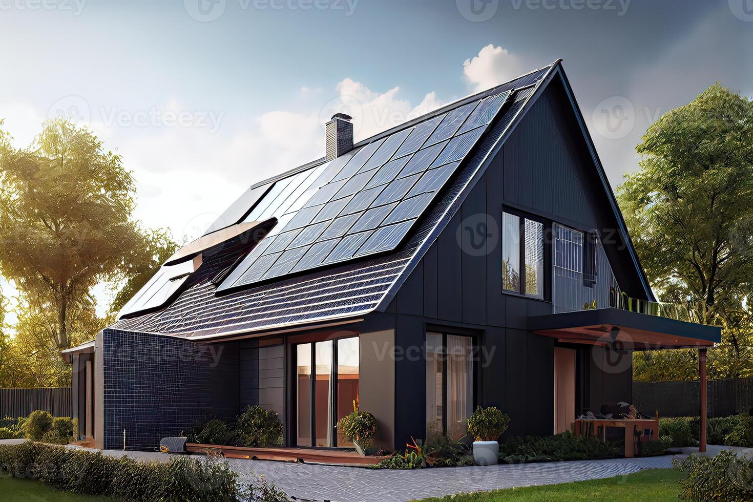 illustration of a newly constructed houses with solar panels on the roof under a bright sky, a close up of a brand new structure with blue solar panels photo