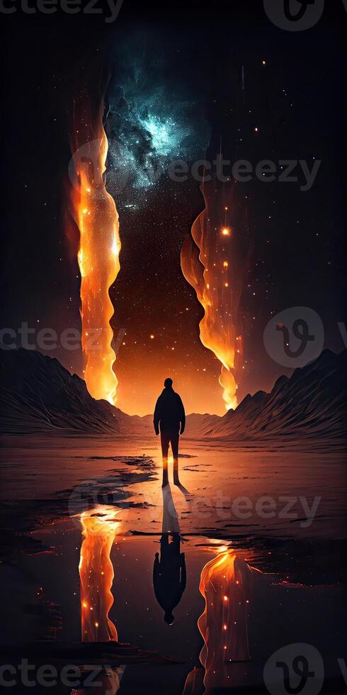 illustration of the stars fall like fiery blaze. into the night a sight to gaze. when dreams awakes and thoughts take flight. they all portray the celestial light photo