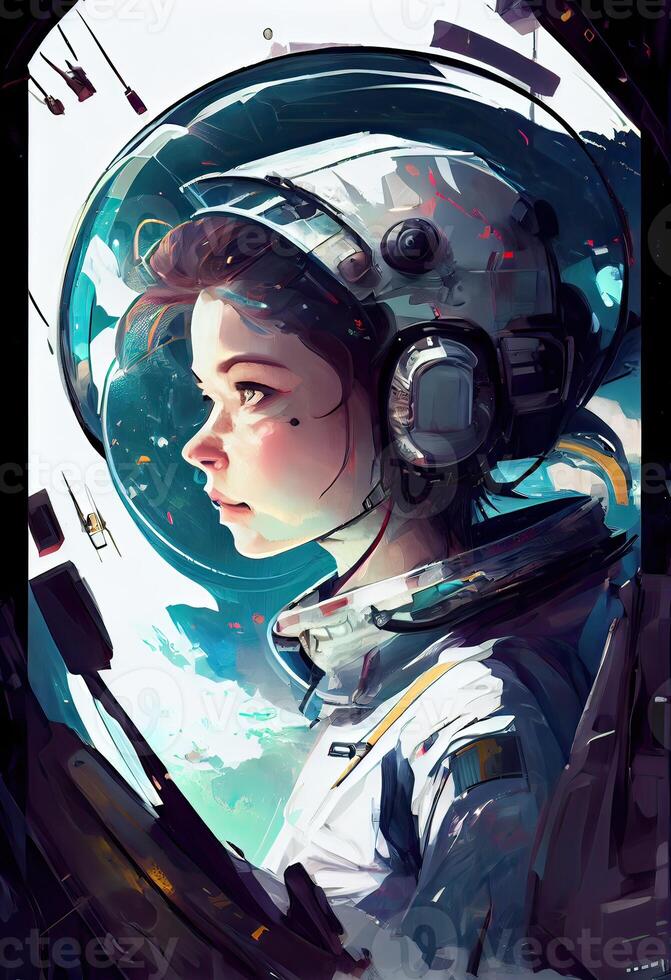 generativo ai ilustración de el niña es el capitán de un astronave, un blanco traje espacial, un panel, un enorme porta foto