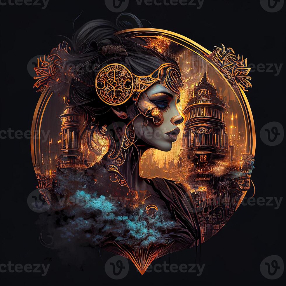 illustration of cyberpunk Zodiac sign with a industrial smoke, mechanic detail on shoulders, pollution, centered inside intricate gold and fire circle of city and Skyscrapers, steam punk photo