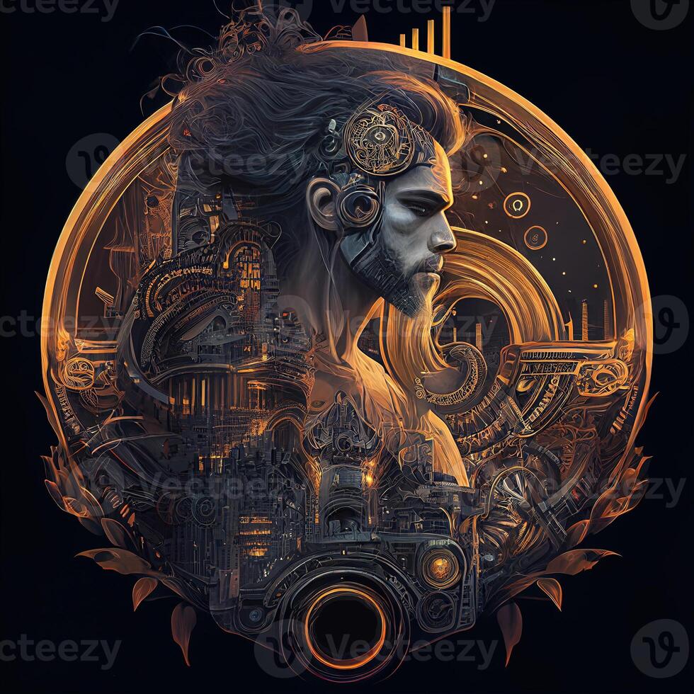 illustration of cyberpunk Zodiac sign with a industrial smoke, mechanic detail on shoulders, pollution, centered inside intricate gold and fire circle of city and Skyscrapers, steam punk photo