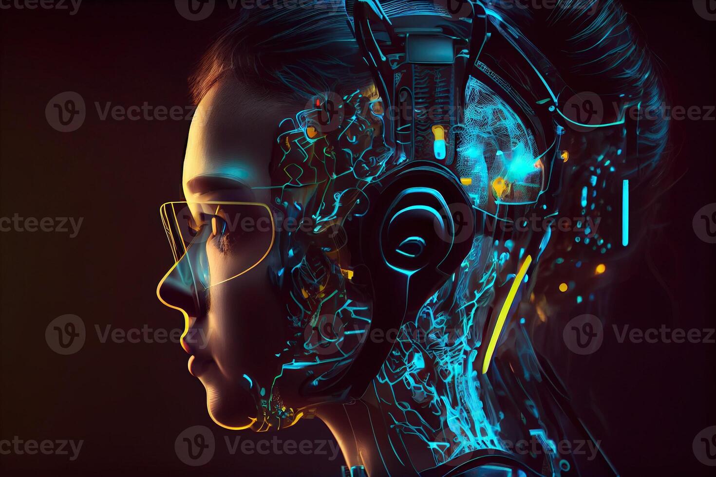 illustration of Metaverse concept and virtual world elements. Side view of human face in augmented or virtual reality headset inside the metaverse photo
