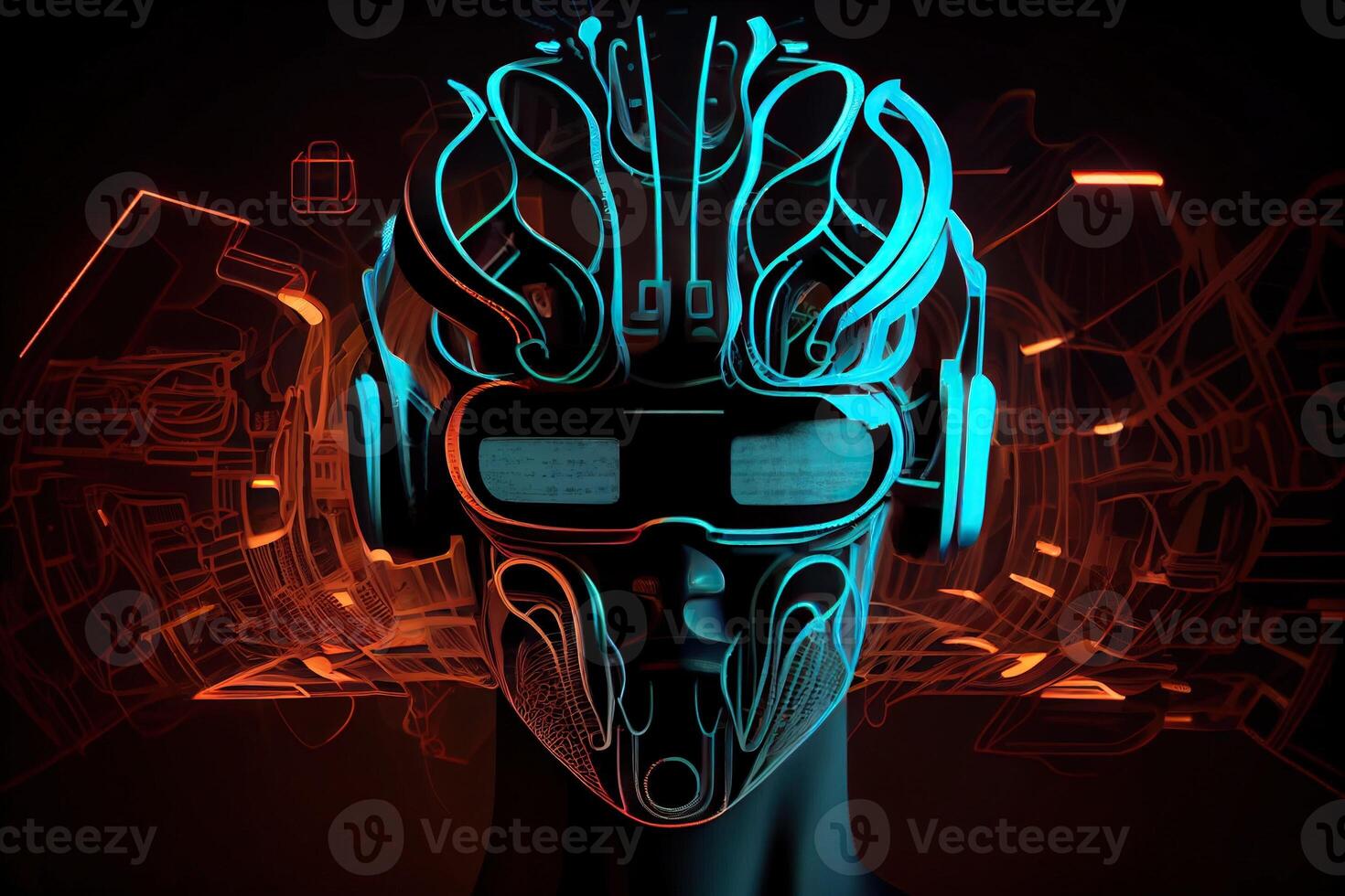 illustration of Metaverse concept and virtual world elements. Side view of human face in augmented or virtual reality headset inside the metaverse photo