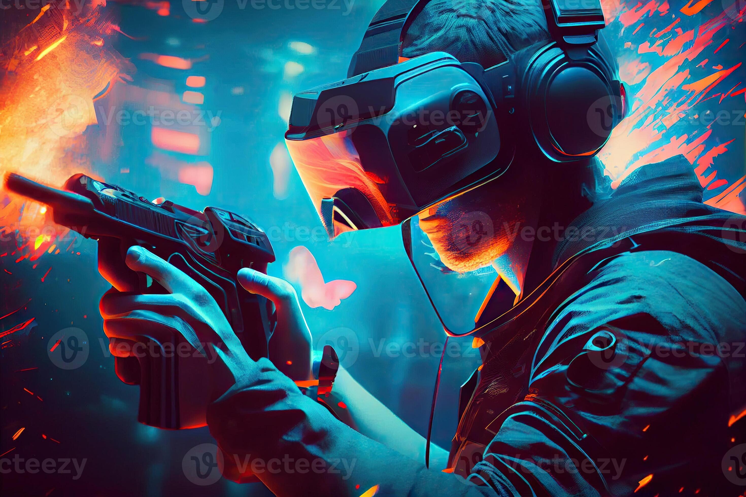 Generative AI illustration of man with virtual reality VR goggle playing AR augmented reality game and entertainment, futuristic metaverse gameFi NFT game ideas 22700144 Stock Photo at Vecteezy