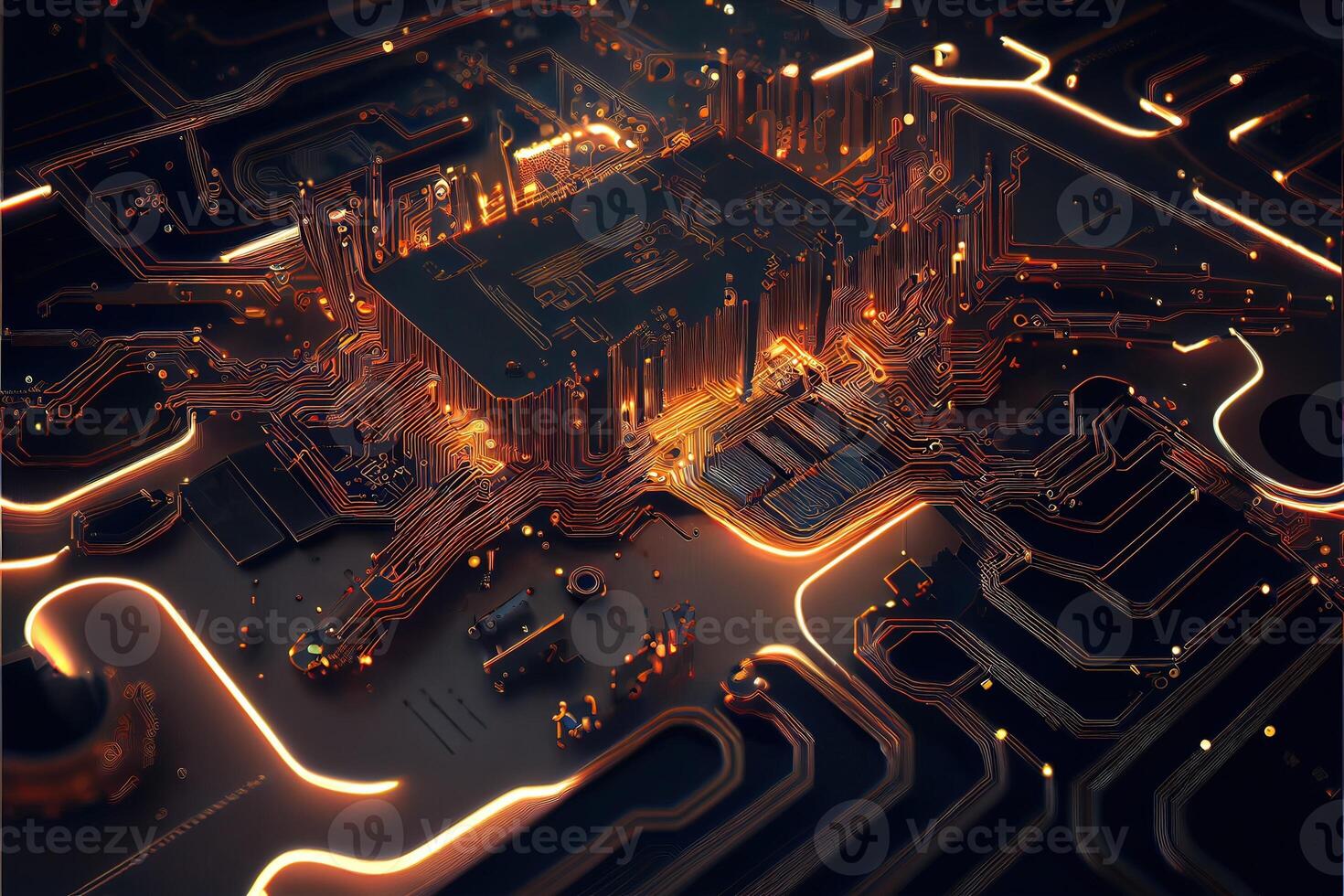 illustration of macro shot of circuit cyberspace board with computer motherboard component microchip with chip structure. Neural network generated art. photo