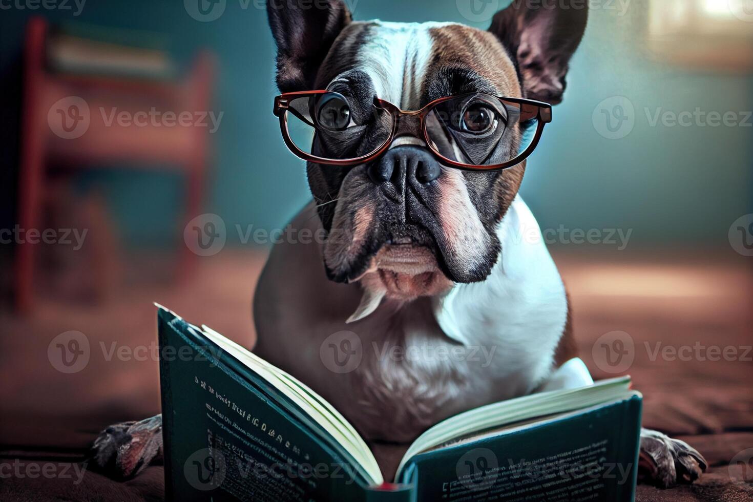 illustration of Intelligent serious dog in glasses reading a book, volumn light photo