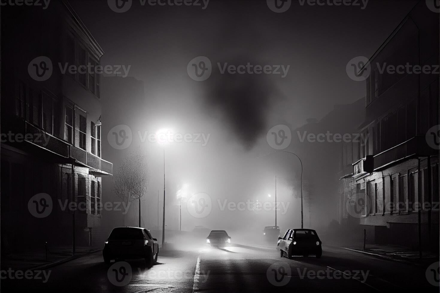 illustration of Dark gloomy empty street with smoke, smog photo