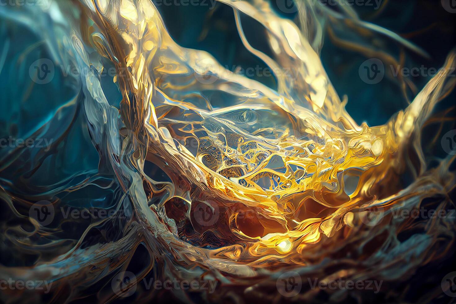 illustration of Swirling golden and blue. Acrylic Fluid Art. Dark blue waves in abstract ocean and golden foamy waves. Marble effect, abstract glistening golden solid liquid waves photo