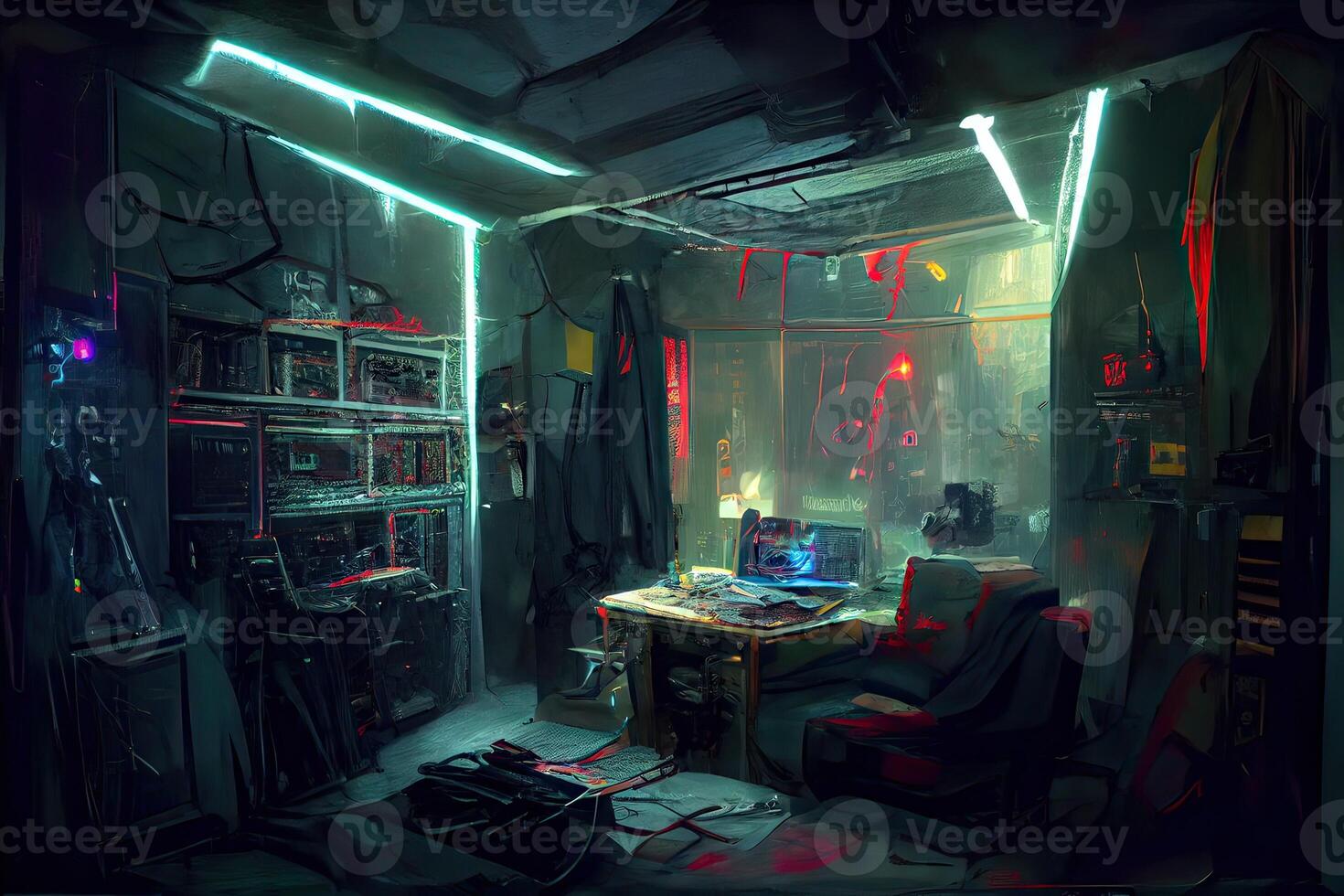 illustration of messy and dark cyberpunk hacker hideout room with lights photo
