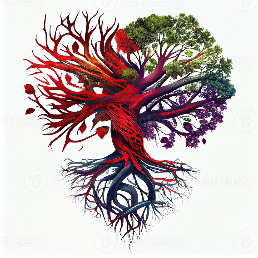 generativo ai ilustración de árbol de vida, raíces haciendo rojo corazón forma, céltico estilo, vistoso, blanco antecedentes foto