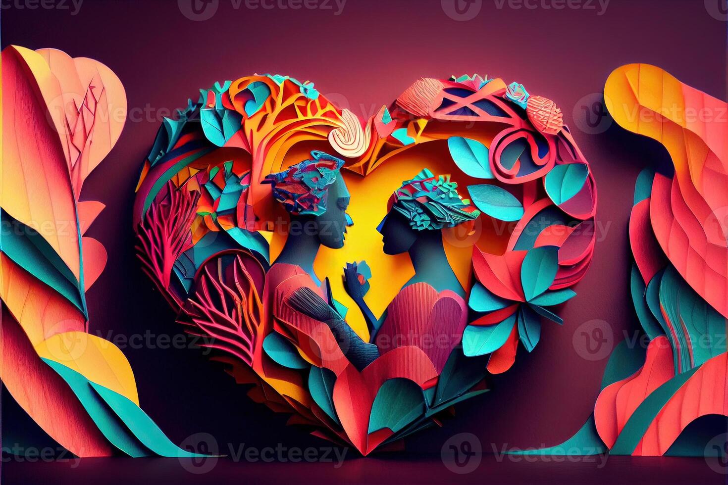 illustration of origami Valentine day background, happy couple, colorful. Paper cut craft, 3d paper style. Neural network generated art. Digitally generated image photo