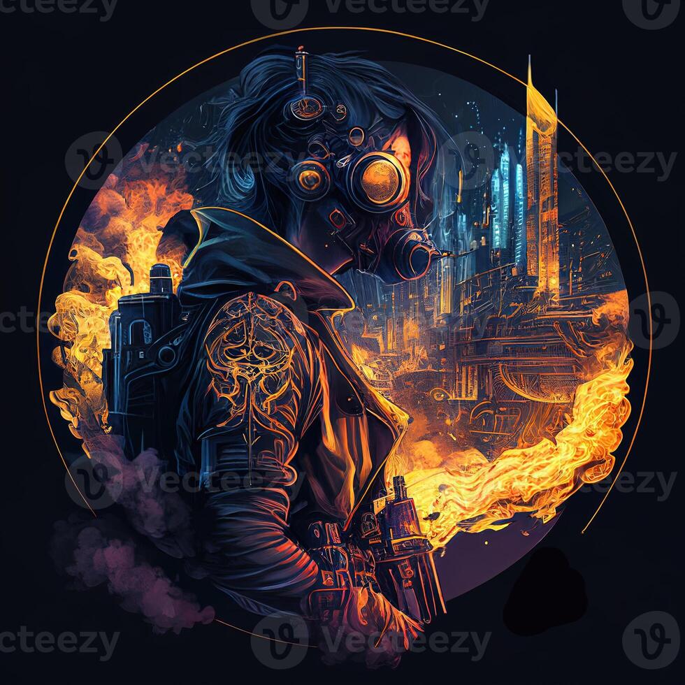 illustration of cyberpunk astronaut with a industrial smoke, mechanic detail on shoulders, pollution, centered inside intricate gold and fire circle of city and Skyscrapers photo