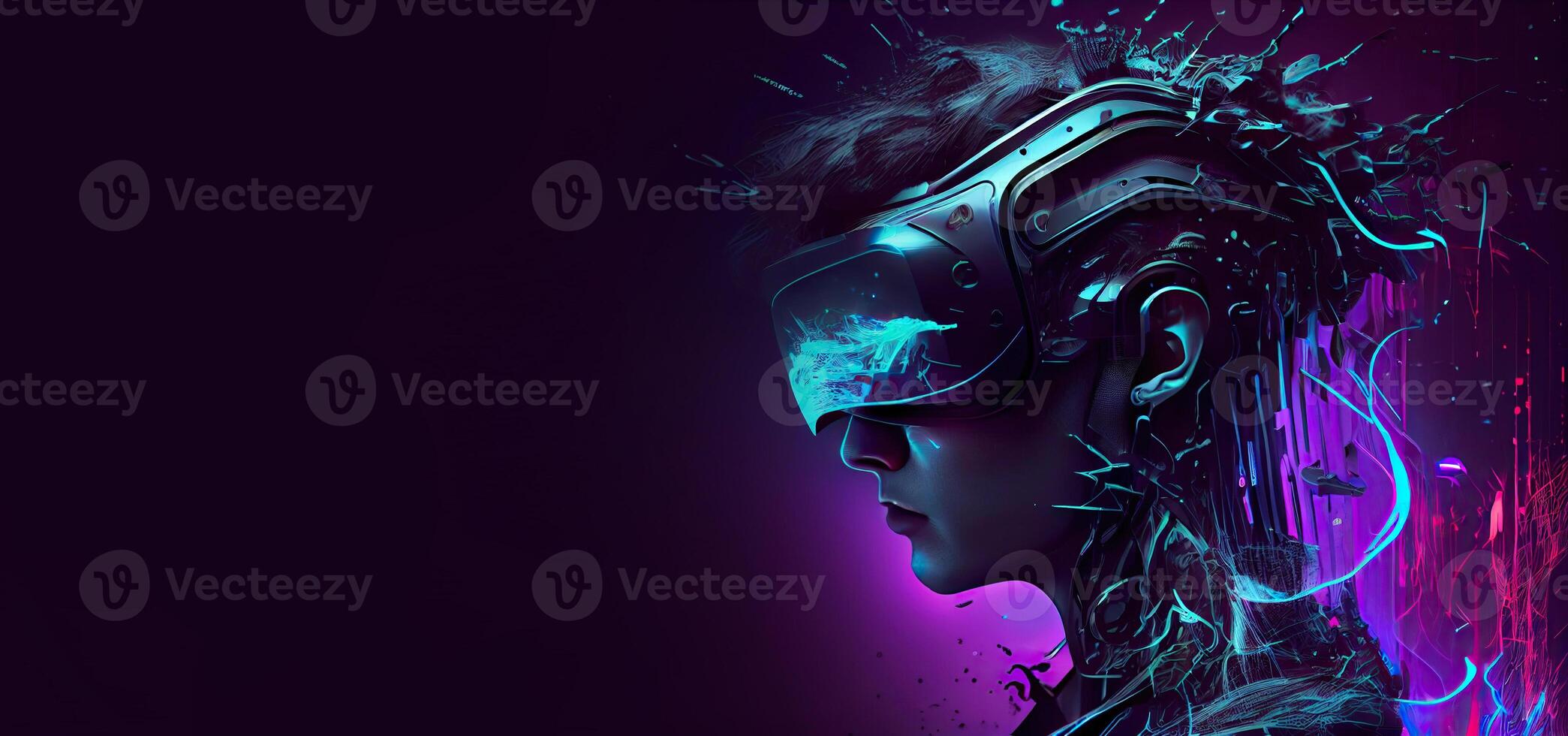 illustration of Metaverse concept and virtual world elements. Side view of human face in augmented or virtual reality headset inside the metaverse photo