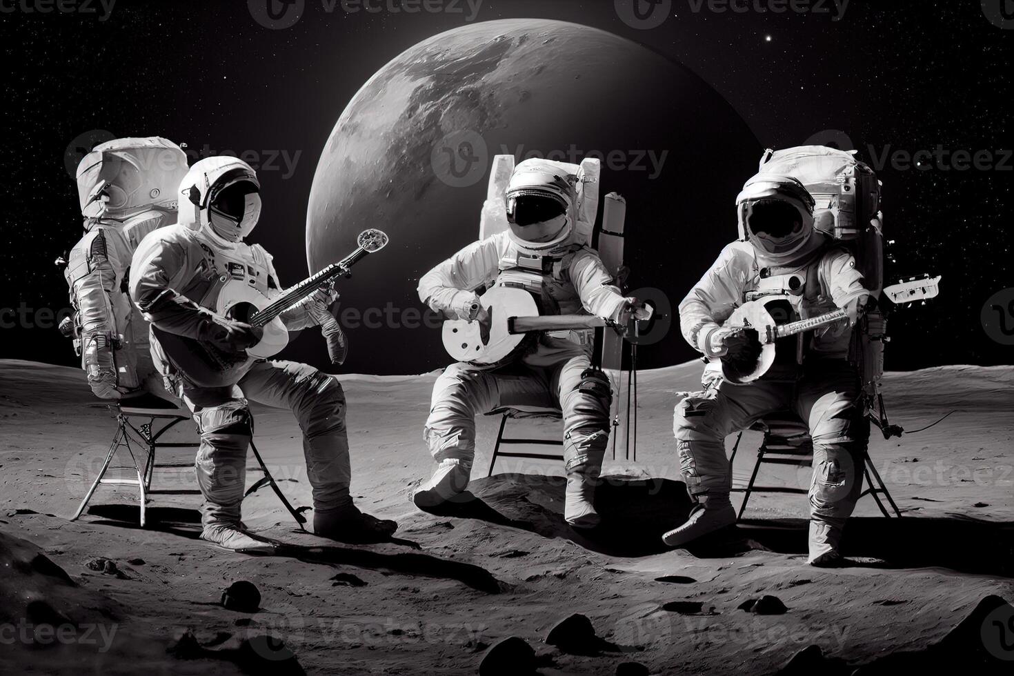 illustration of a trio of astronauts making music on the lunar surface photo