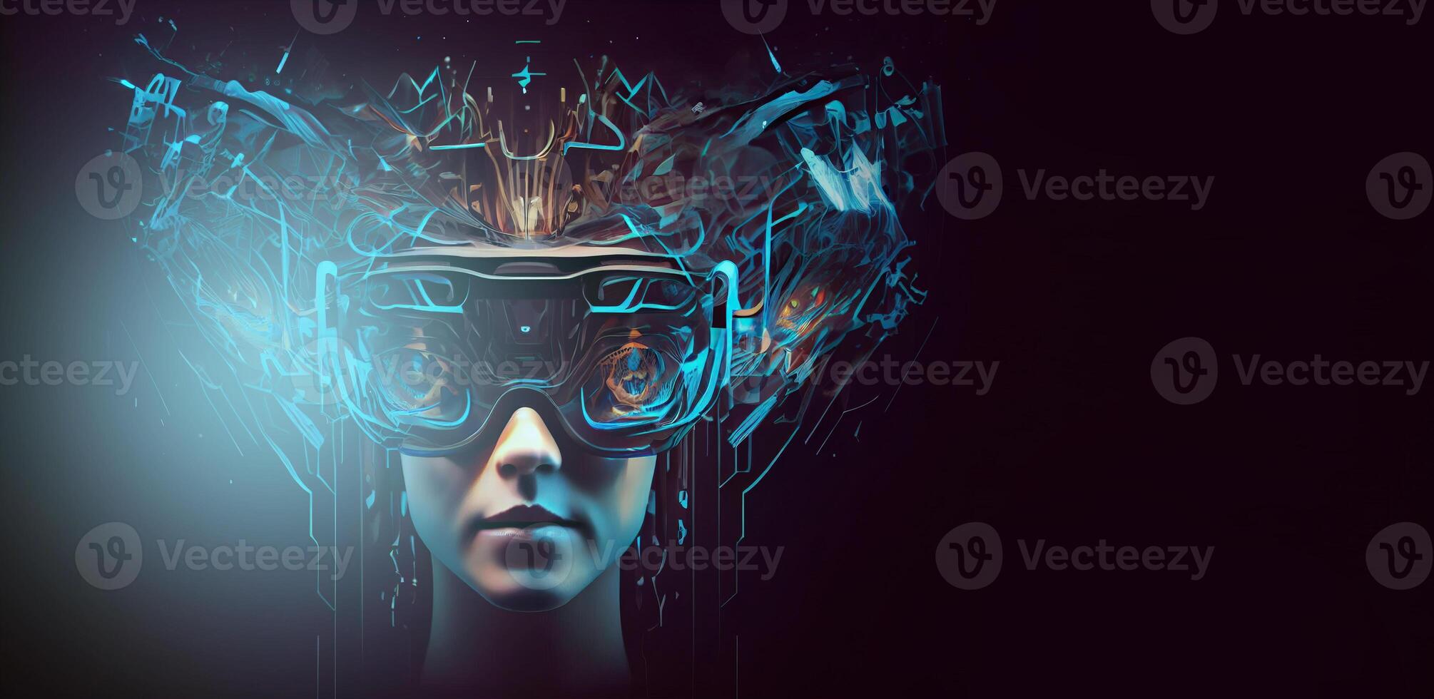 illustration of Metaverse concept and virtual world elements. Side view of human face in augmented or virtual reality headset inside the metaverse photo