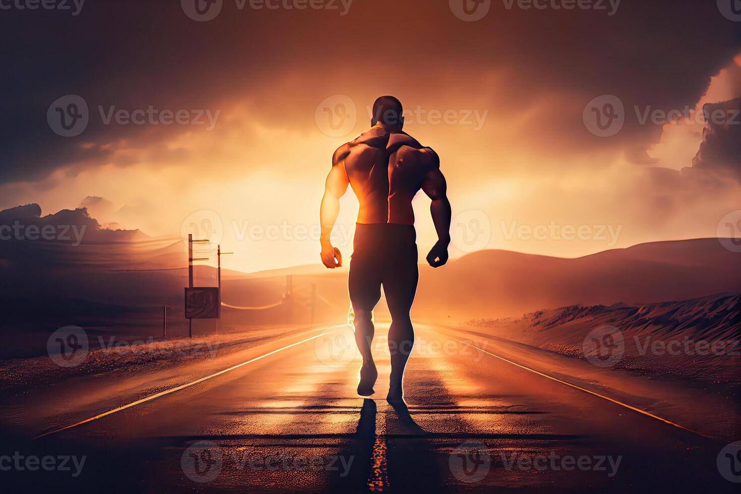 illustration of an athletic man walking on a deserted road into the sunset. The image is focused on the man's leg, which emphasizes his physical fitness and determination photo