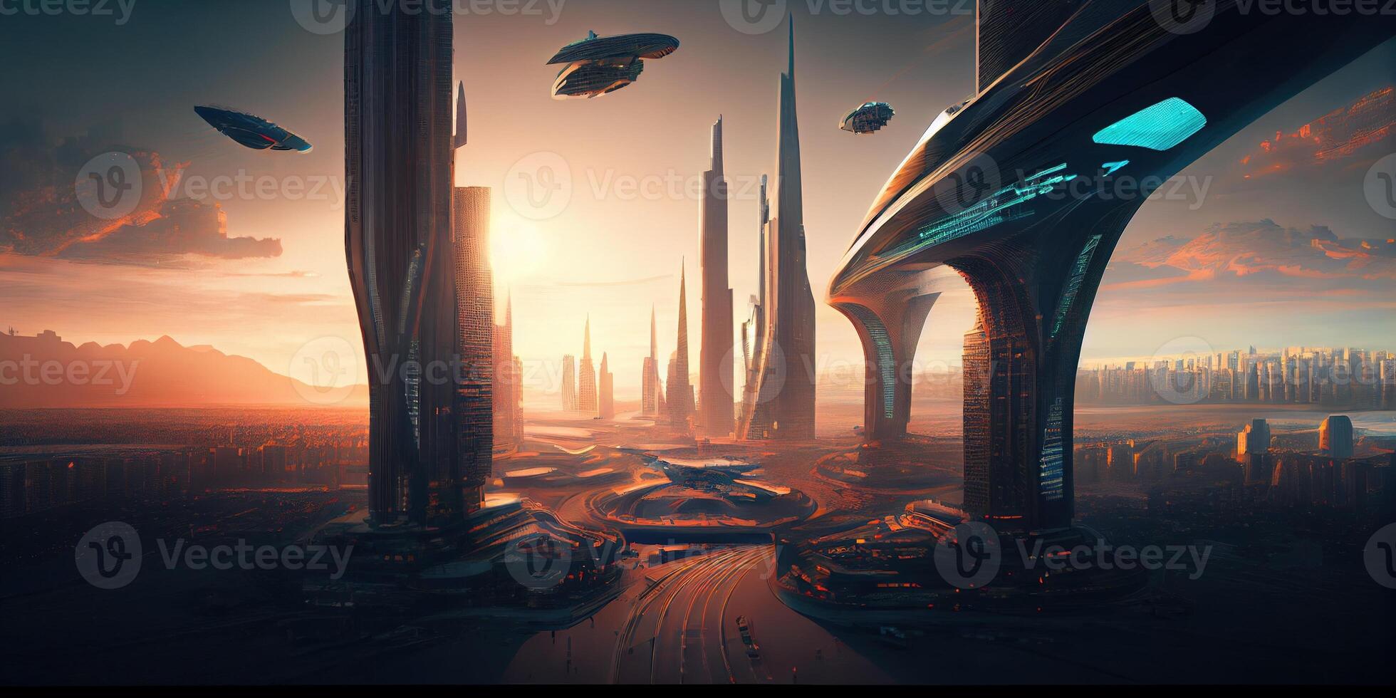 generativo ai ilustración de fantasía futurista ciudad con carreteras y rascacielos, ciber ciudad foto