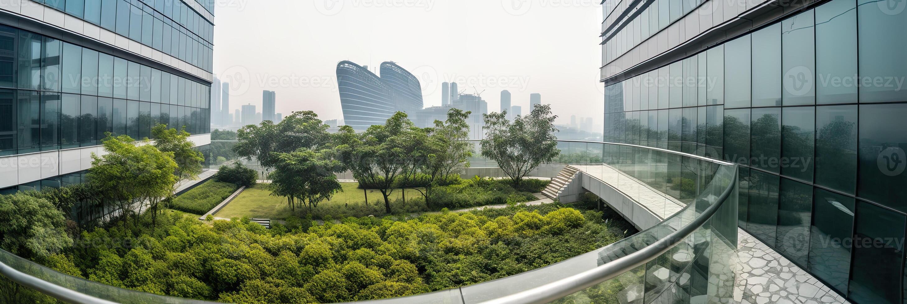 illustration of Gorgeous garden on the rooftop of a contemporary glass office building in Asia photo