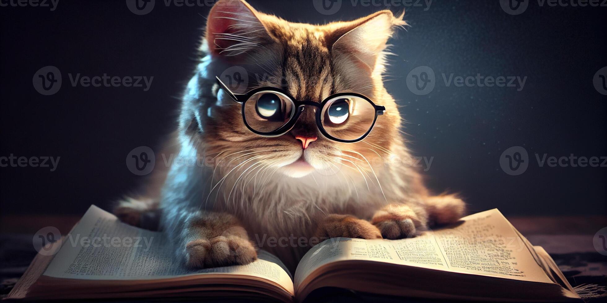 illustration of Intelligent serious cat in glasses reading a book, volumn light photo