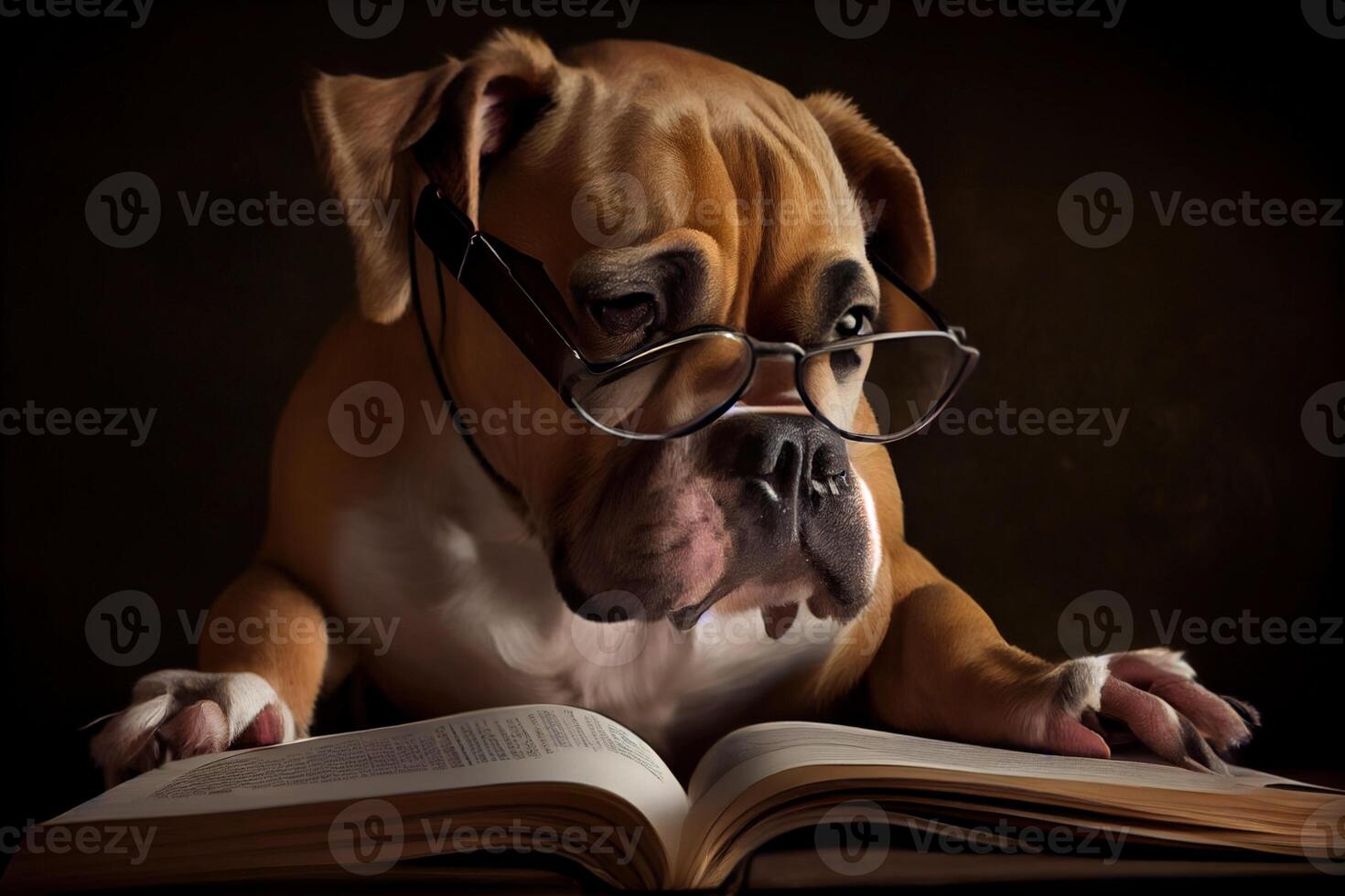 illustration of Intelligent serious dog in glasses reading a book, volumn light photo