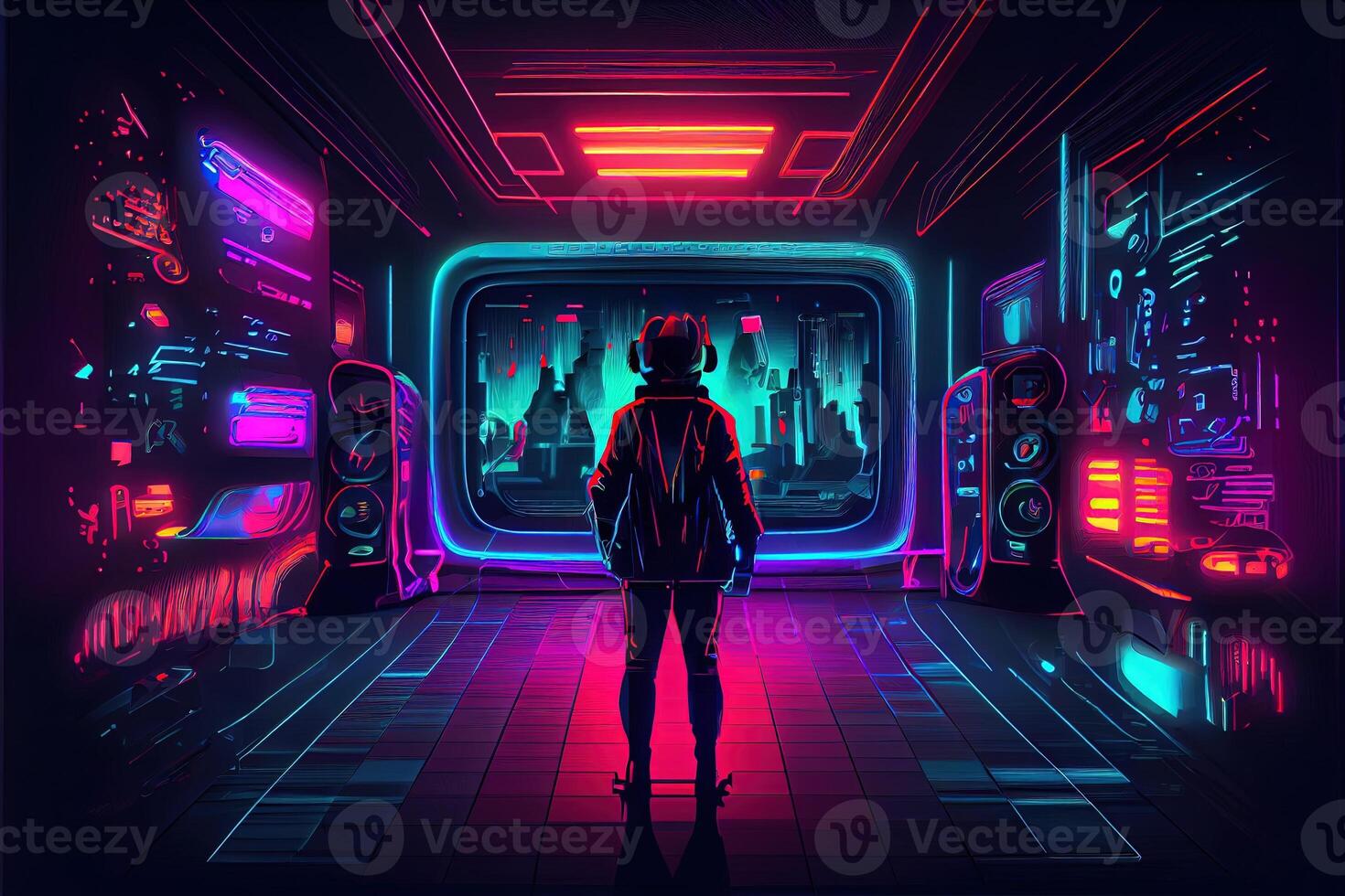 Generative AI illustration of gaming background, abstract cyberpunk style  of gamer wallpaper, neon glow light of scifi fluorescent sticks. Digitally  generated image 22702292 Stock Photo at Vecteezy