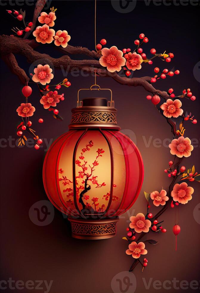 illustration of Chinese traditional red festival background with a chinese red plum blossom, lantern, spring festival, new year, chinese traditional culture element photo