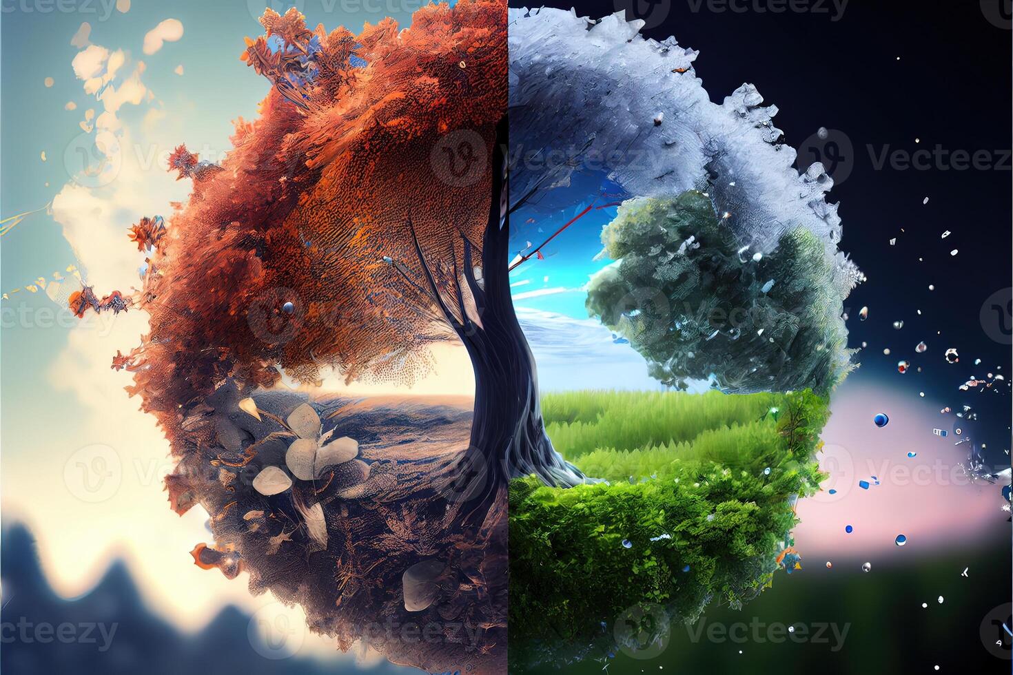 illustration of the four temporal seasons in one face, one frame, one tree. Nature concept. Digitally generated image photo