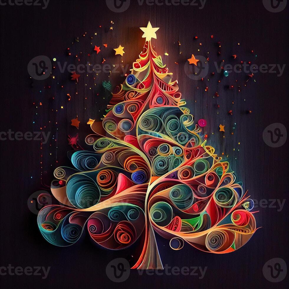 illustration of photo paper cut quilling multidimensional paper cut, craft paper illustration, christmas tree and colored lights vine stars, pop color. Neural network generated art.