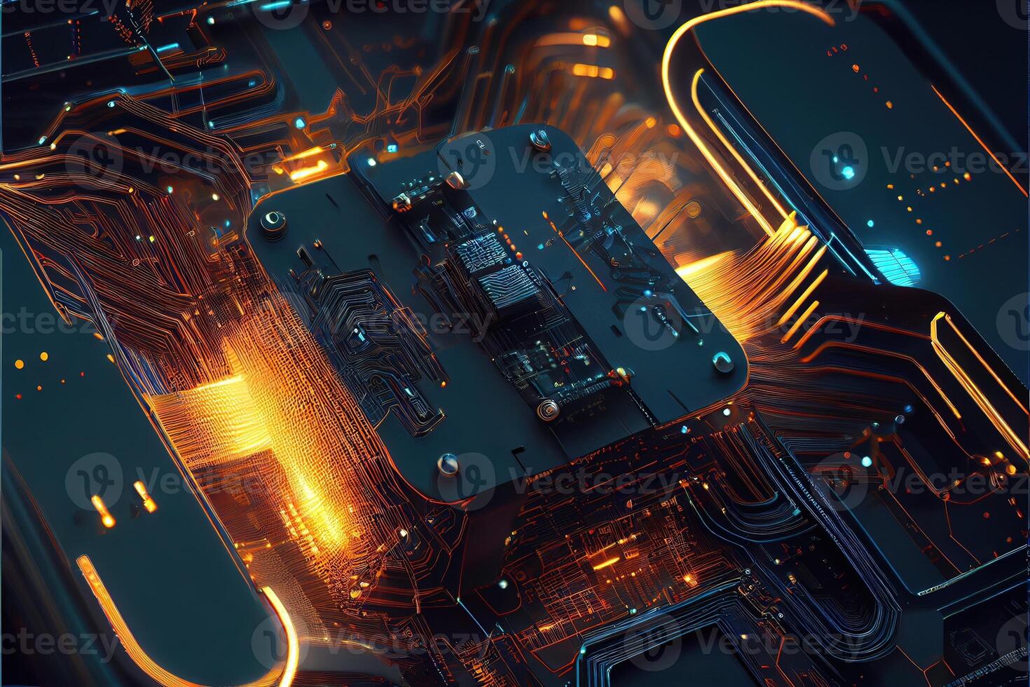 illustration of macro shot of circuit cyberspace board with computer motherboard component microchip with chip structure. Neural network generated art. photo