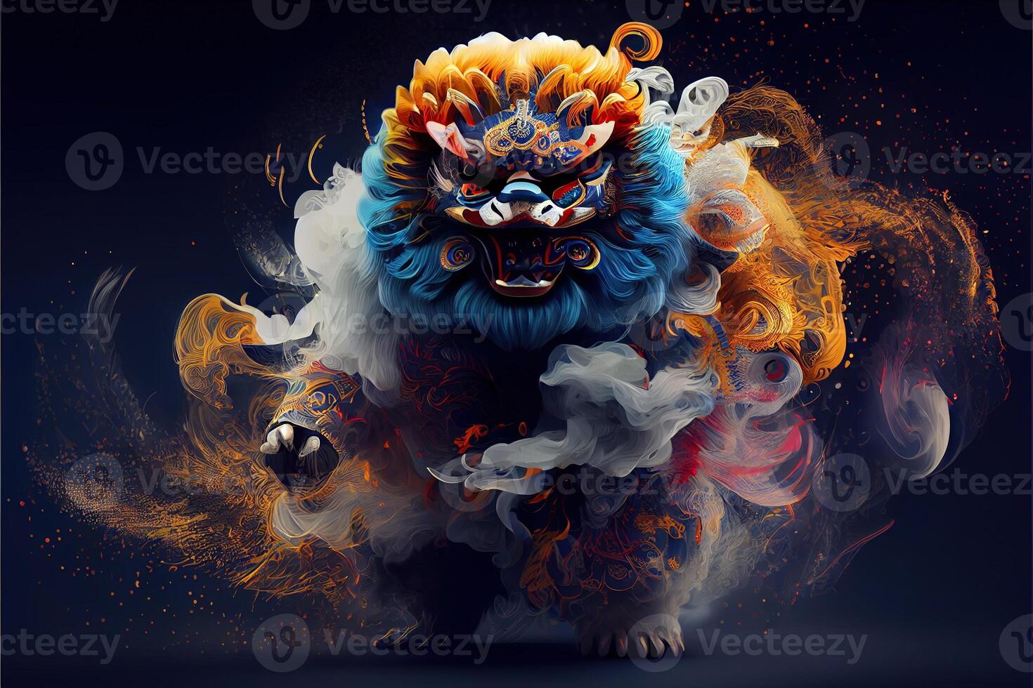 illustration of anthropomorphic traditional Chinese lion dance, big round eyes, plump body, Chinese Spring Festival, luminous particles, smoke photo