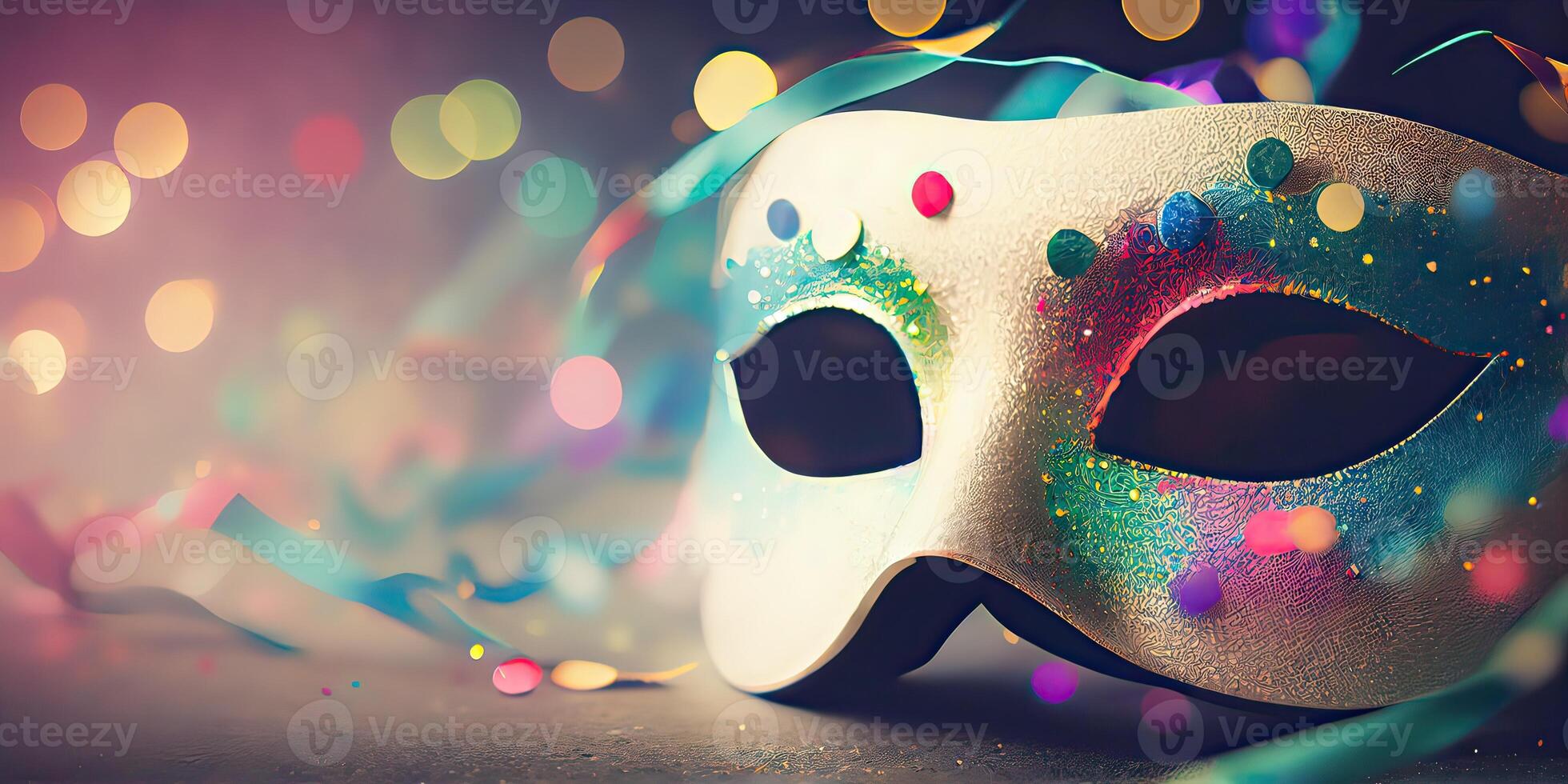 illustration of the vibrant energy and excitement of Brazilian Carnival, Venetian Carnival mask and confetti with abstract defocused bokeh lights and shiny streamers photo