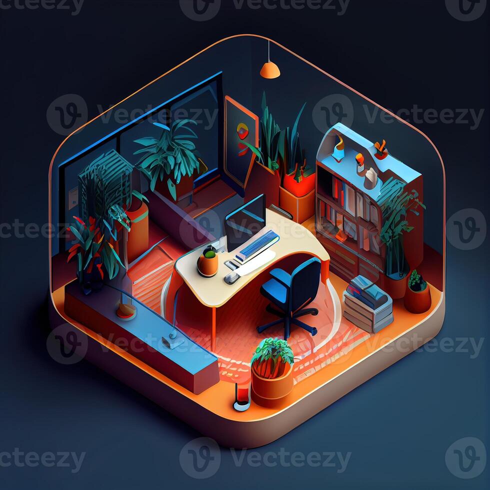 illustration of Office on smart phone, isometric diorama, land plot, pop color, colorful. Digitally generated image photo