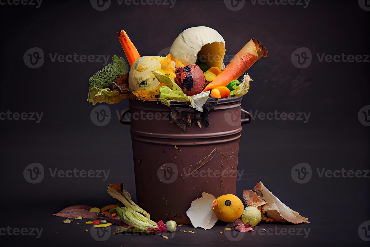 illustration of Unused, rotten veggies are disposed of in the trash. Food Waste and Food Loss Getting Rid of Food Waste at Home photo