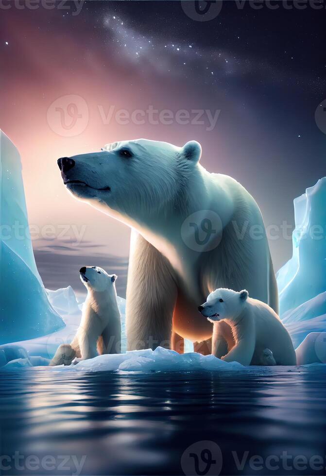 illustration of family white bear on iceberg, aurora sky photo