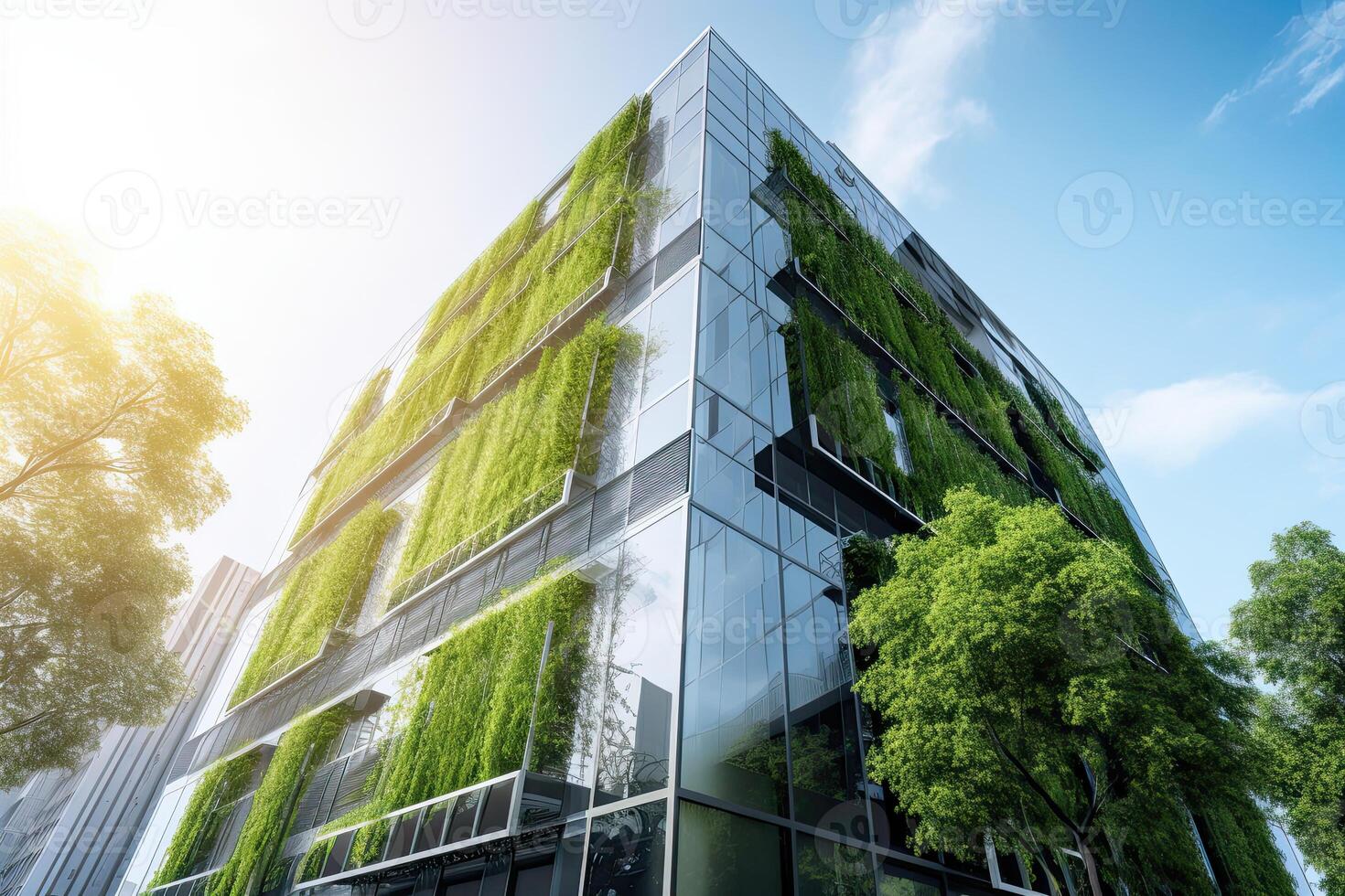 illustration of Gorgeous garden on the rooftop of a contemporary glass office building in Asia photo