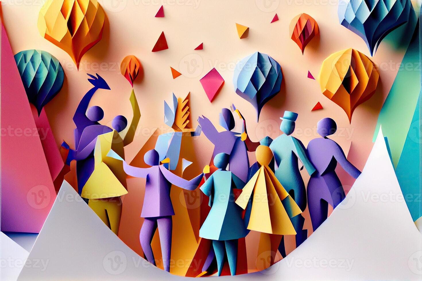 illustration of People in New Year's Eve party background, men and women celebrating holidays together, partying, cheering and dancing. Paper cut craft, 3d paper illustration style. photo