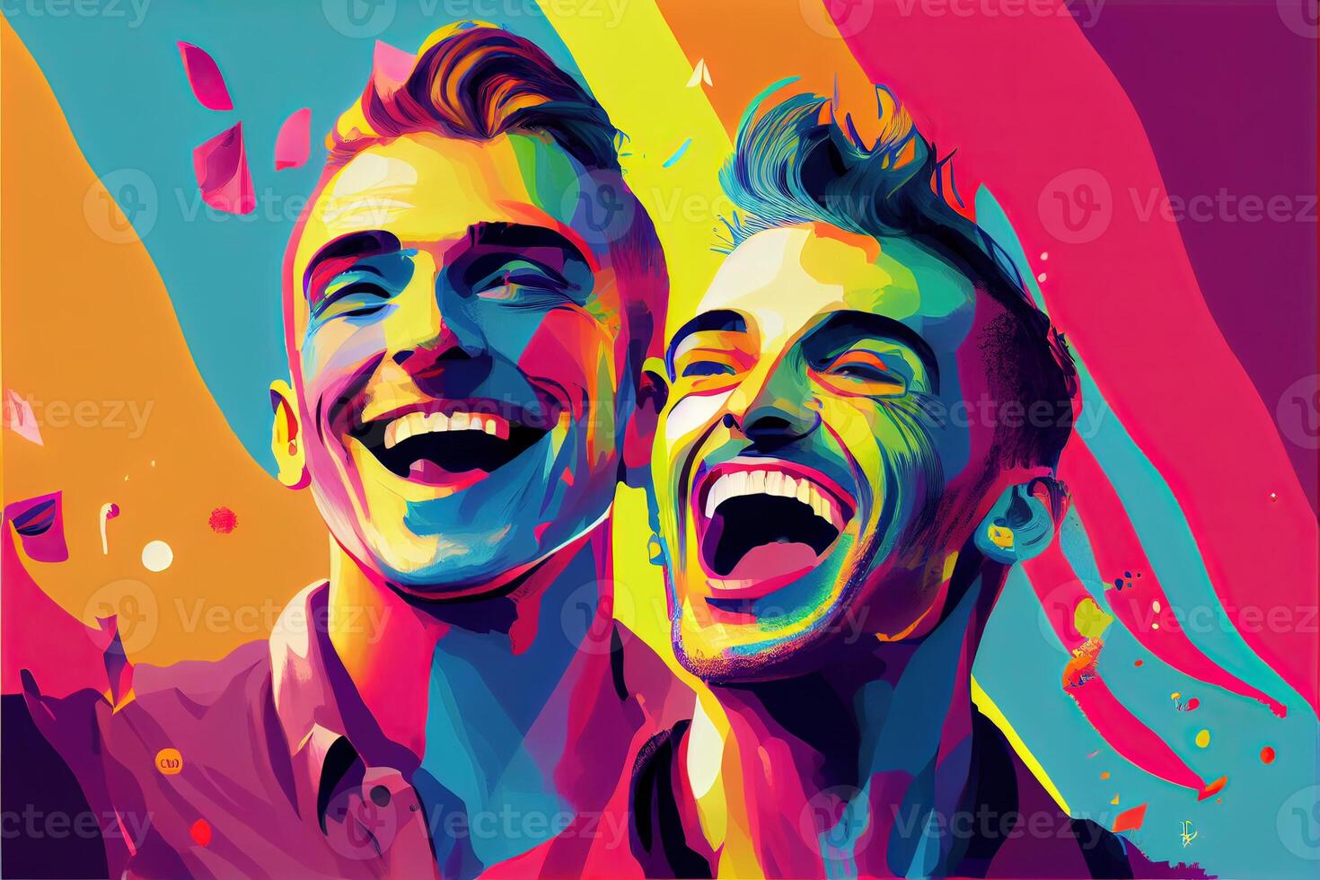 illustration of Diversity young gay women and men with waving pride rainbow flag. Supporters of the LGBT community. Neural network generated art. Digitally generated image. photo