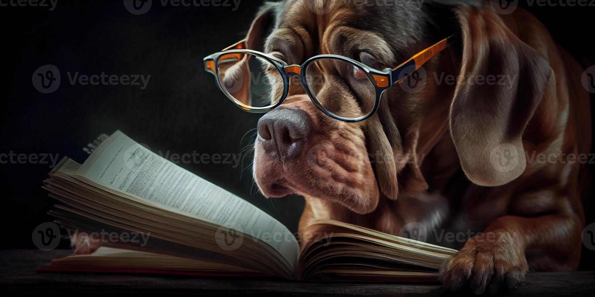 illustration of Intelligent serious dog in glasses reading a book, volumn light photo