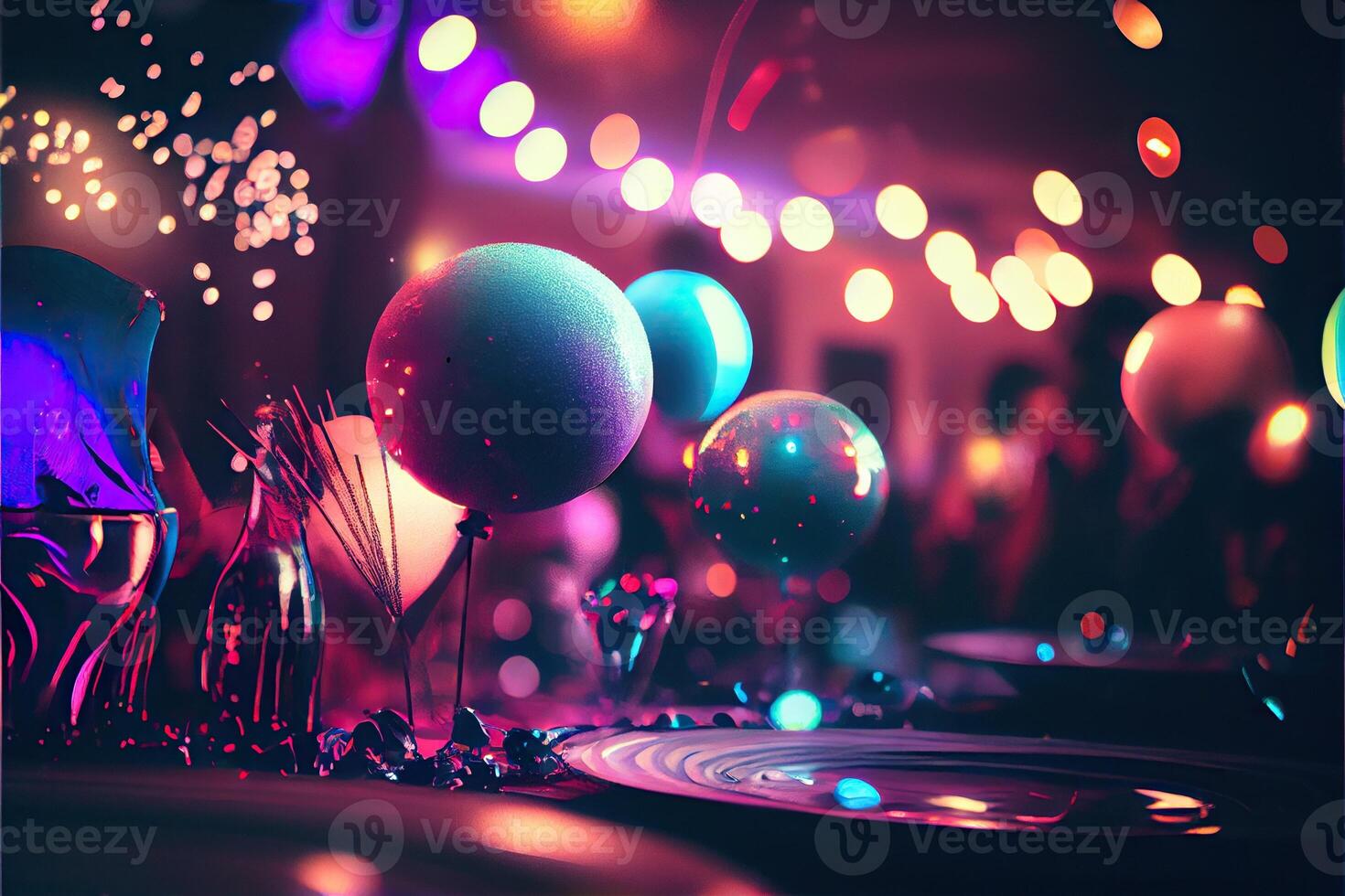 illustration of New Year's Eve party background, pop color, group of people dancing and joyful, countdown, neural network generated art. Digitally painting, generated image. photo