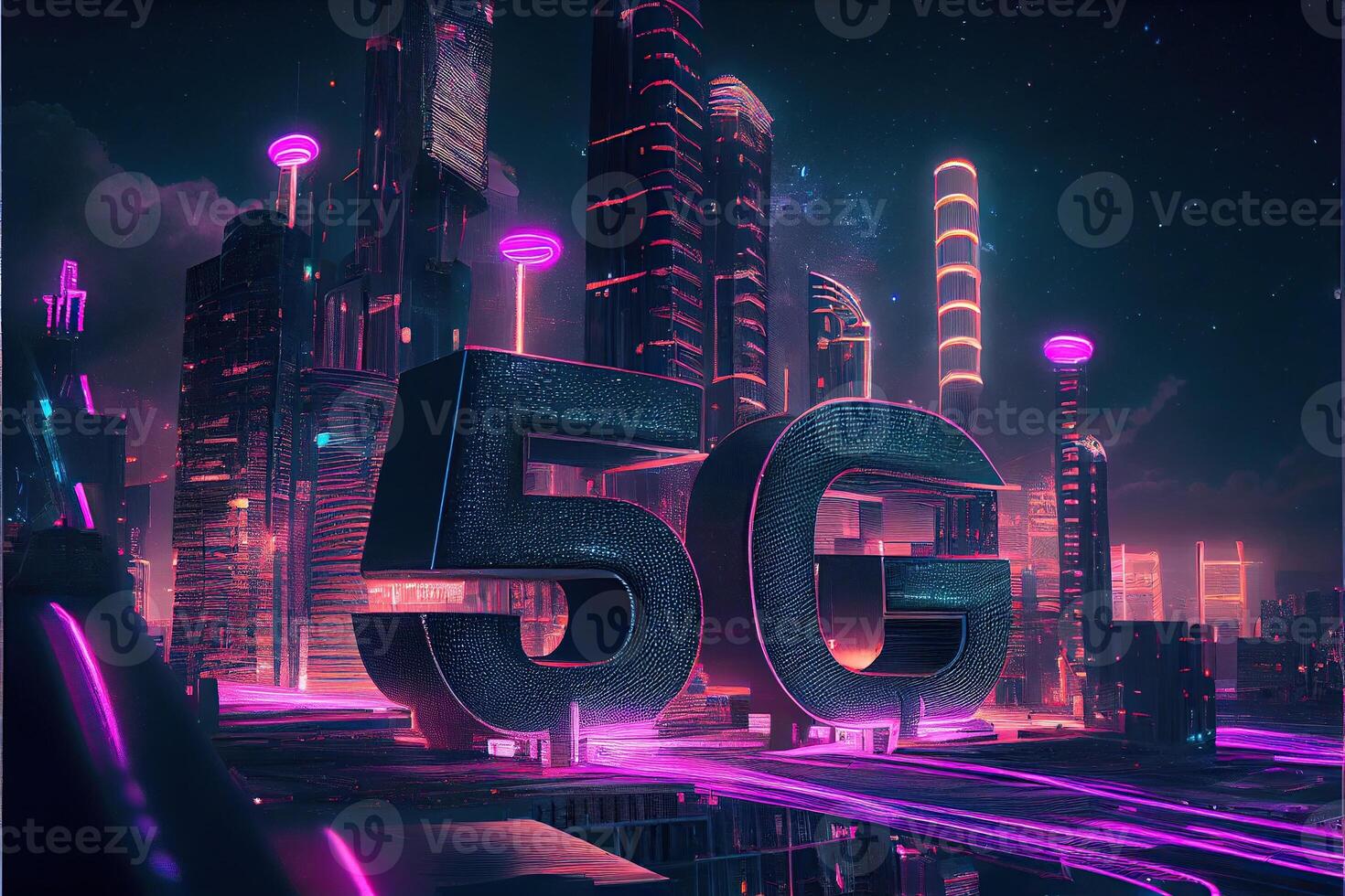 illustration of futuristic city at night, 5G internet network wireless systems and internet of things, smart city and communication network concept. photo