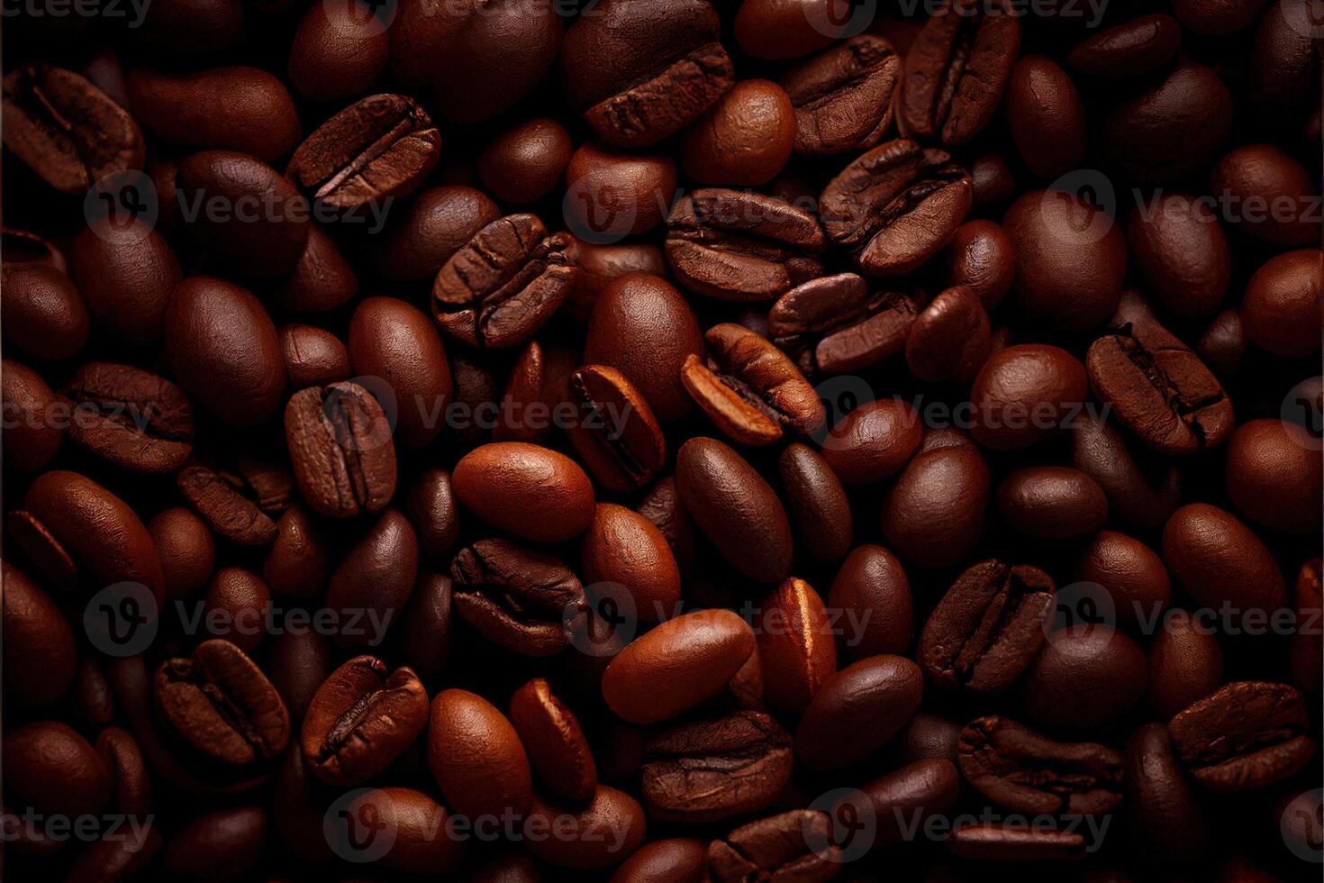 illustration of Roasted Coffee Beans Closeup On Dark Background, blurred background photo