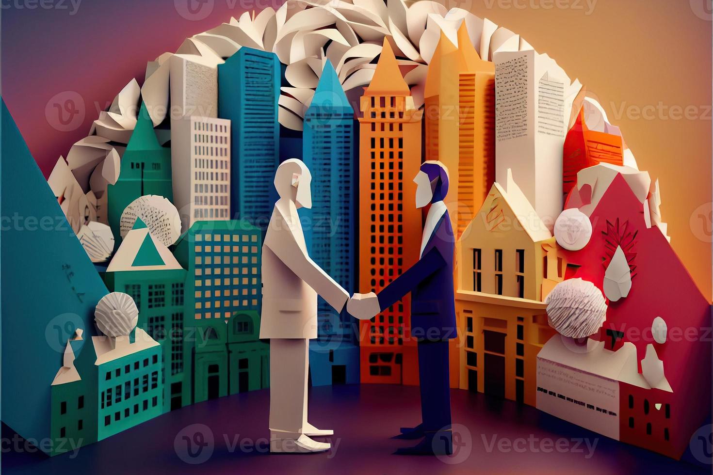 Business man in the city background, colorful. Business handshaking, successful concept. Paper cut craft, 3d paper illustration style. Neural network generated art. photo