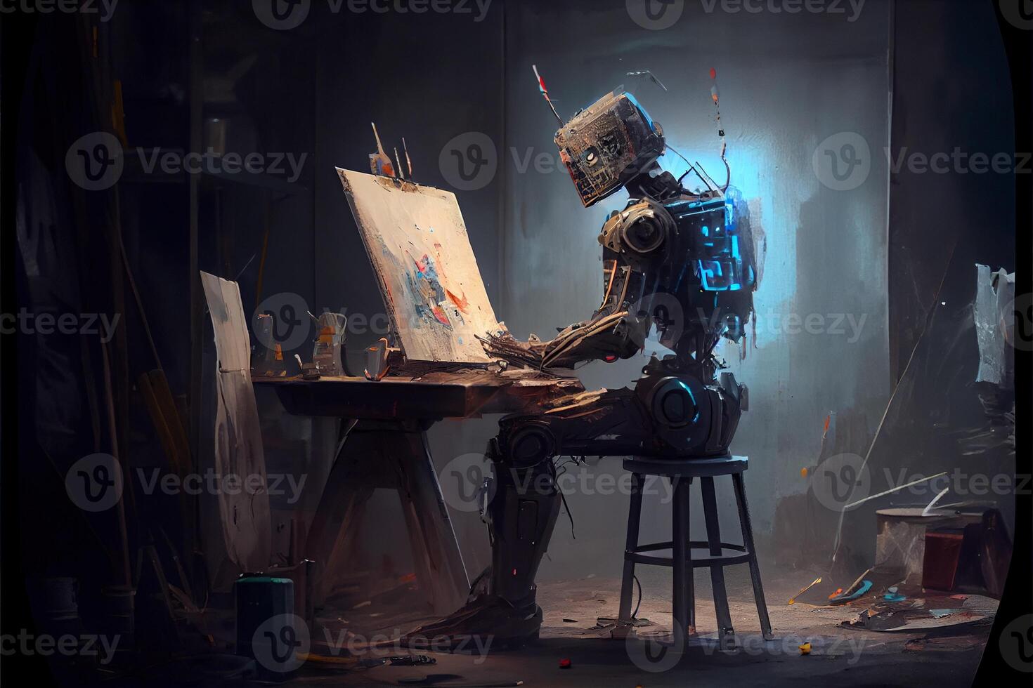 illustration of Cyborg Ai robot artist in dark studio next to his easel, painting and paints while working, neural network generated art. Digitally painting, generated image. photo