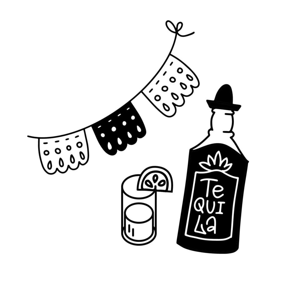 Cinco de mayo sticker in doodle style. Bottle of tequila with glass and Papel Picado, isolated black over white vector illustration design.
