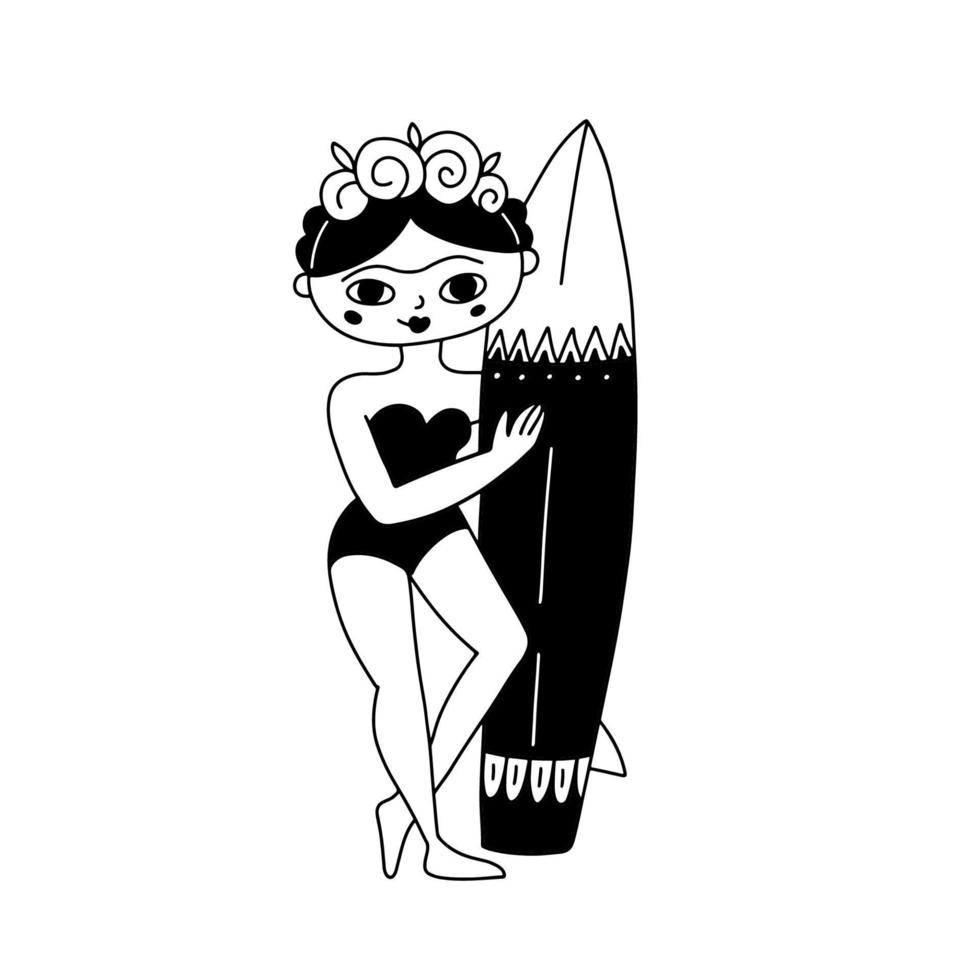 Frida Kahlo de Rivera stylized character wearing swimsuit print concept in doodle style. Creative modern Hipster portrait with surfboard. Summer style tee decor. Black and white vector illustration.
